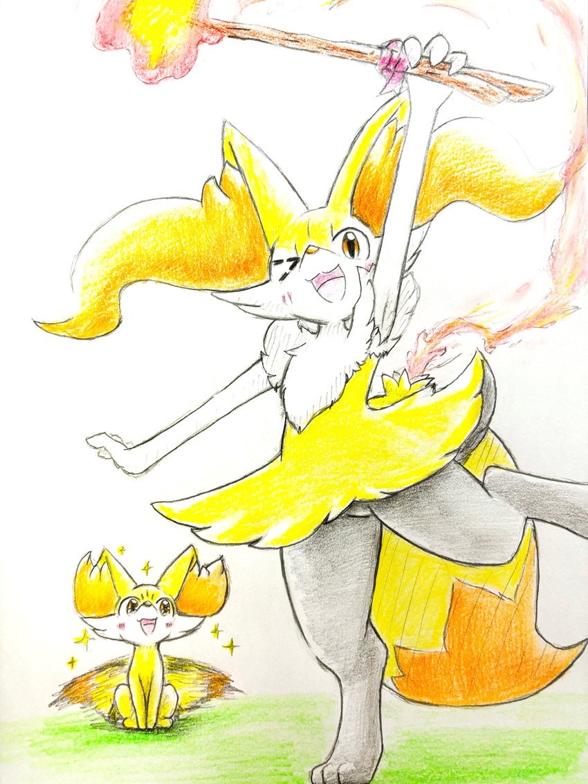 ambiguous_gender anthro blush blush_lines duo feral fire fur inner_ear_fluff looking_at_viewer one_eye_closed open_mouth orange_body orange_eyes orange_fur paws raised_leg sparkles stick tail tail_motion tailwag tongue tuft white_body white_fur wink winking_at_viewer yellow_body yellow_fur eiroru nintendo pokemon braixen canid canine fennekin generation_6_pokemon mammal pokemon_(species) 2024 3:4 graphite_(artwork) hi_res traditional_media_(artwork)