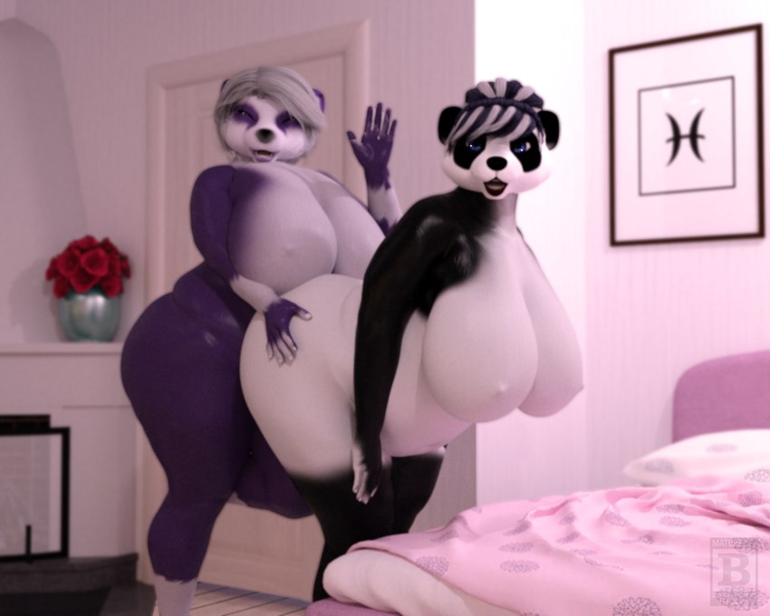 anthro bed bedding bedroom bent_over big_breasts black_body black_hair blue_eyes breasts cleavage clothed clothing countershading curvy_figure duo female female/female furniture gesture hair hand_on_hip huge_breasts looking_at_viewer multicolored_hair natural_breasts nipples nude overweight overweight_anthro overweight_female pose purple_body slightly_chubby standing striped_hair thick_thighs voluptuous waving white_body white_hair wide_hips blx24 bear giant_panda mammal 3d_(artwork) 5:4 digital_media_(artwork) hi_res