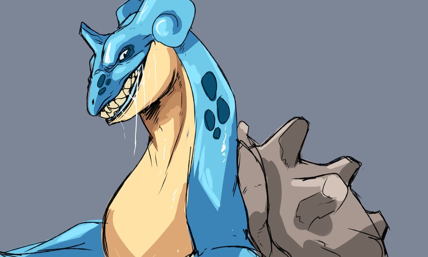 ambiguous_gender blue_body blue_horn bodily_fluids drooling feral grey_background grey_shell grin horn looking_at_viewer narrowed_eyes saliva shell simple_background smile solo yellow_body imperatorcaesar nintendo pokemon generation_1_pokemon lapras pokemon_(species) absurd_res hi_res