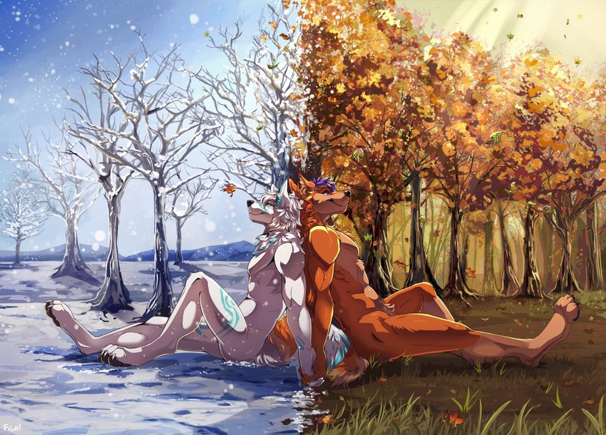 4_toes 5_fingers anthro black_nose detailed_background duo feet fight fingers grass hair male nude plant sitting smile snow toes white_hair fight_(artist) yuki_izumi canid canine canis domestic_dog mammal 2022 digital_media_(artwork)