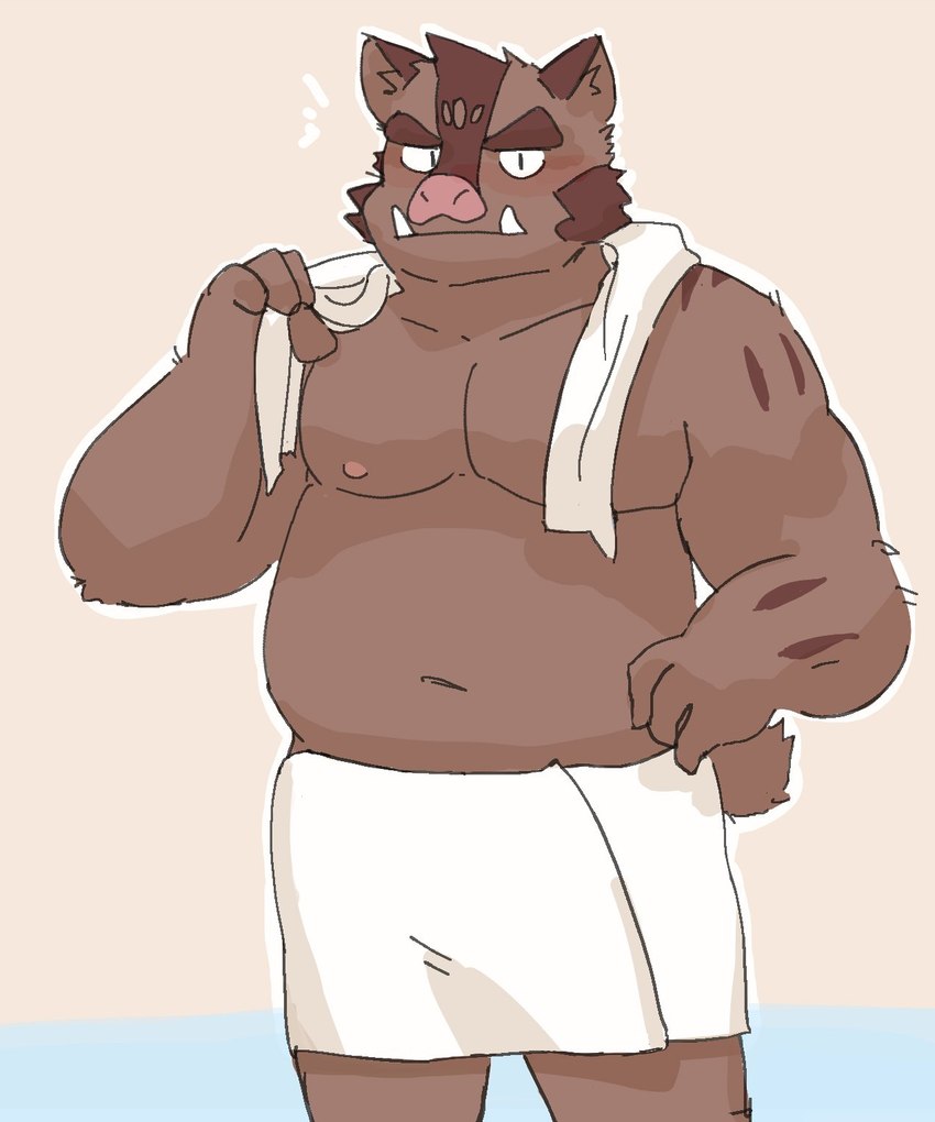 anthro blush kemono male moobs navel nipples overweight overweight_male simple_background solo towel towel_around_neck youzo3322 knights_college hermann_(knights_college) mammal suid suina sus_(pig) wild_boar 2023 hi_res