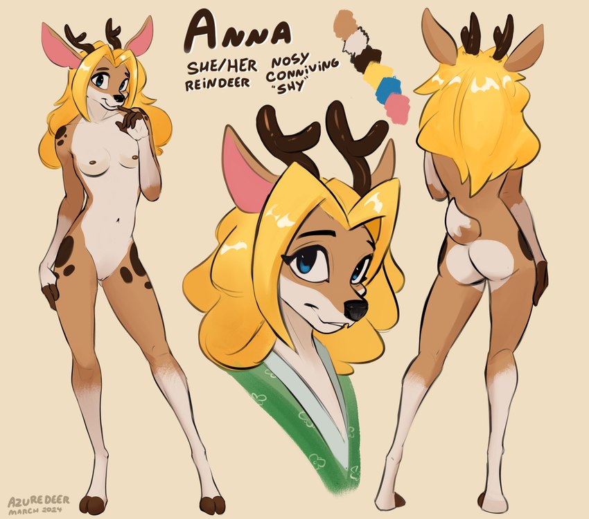 anthro antlers blonde_hair blue_eyes breasts brown_body brown_fur butt cloven_hooves cocked_hip female front_view fur genitals hair hooves horn looking_at_viewer nude pussy short_tail slim small_breasts smile solo standing tail azuredeer anna_(blookyes) deer mammal new_world_deer reindeer absurd_res hi_res model_sheet