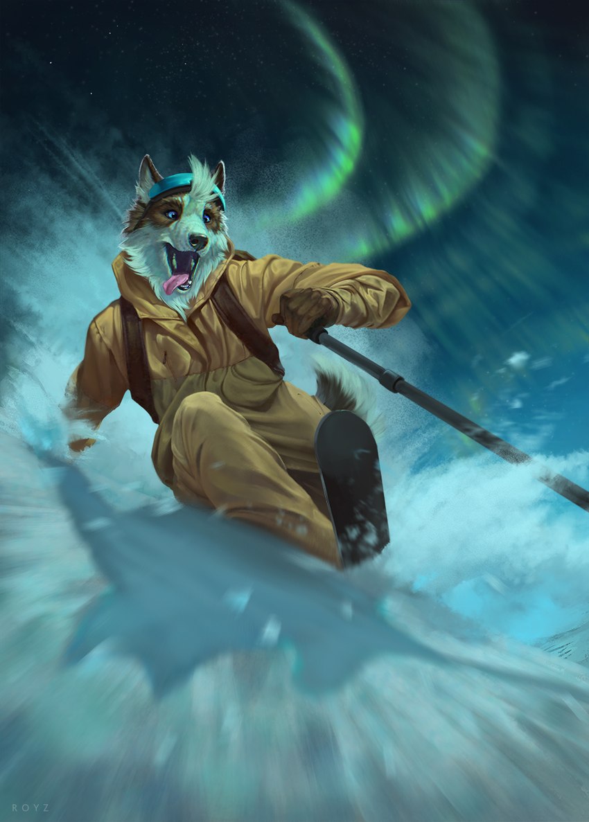 anthro clothing lights male night northern ski skiing sky snow solo sport star suit tongue winter yellow_clothing yellow_suit conditional_dnp latex_(artist) canid canine canis domestic_dog mammal wolf 2023 hi_res