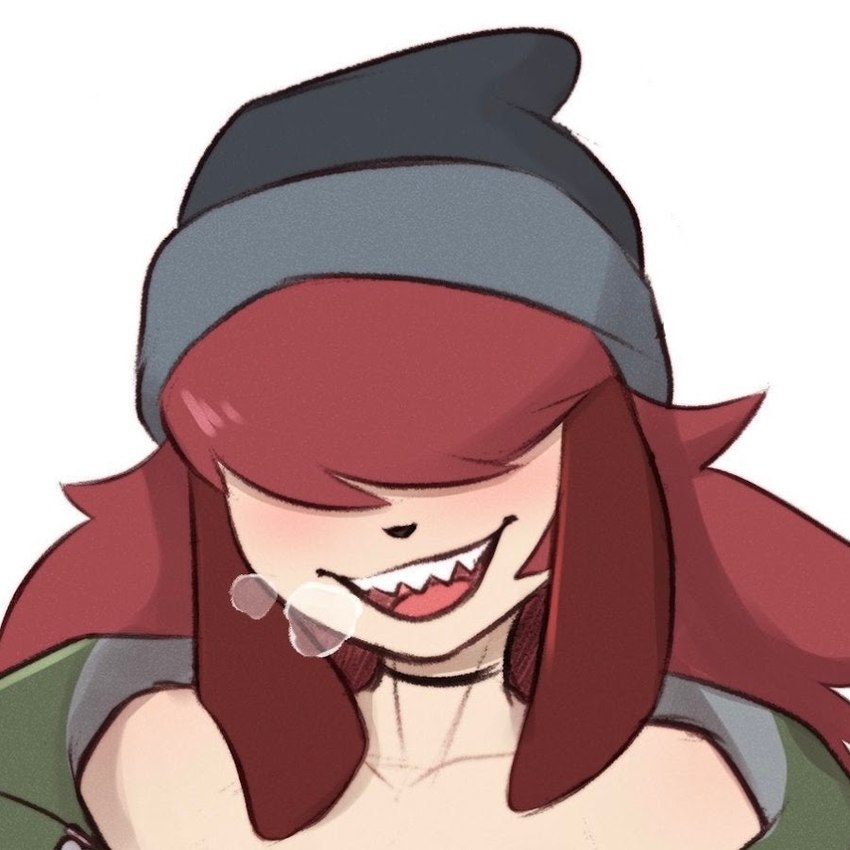 beanie clothing green_clothing green_hoodie green_topwear hair hair_over_eyes hat headgear headwear hoodie red_hair sharp_teeth smile steam_breath tan_body teeth topwear conditional_dnp pudgeruffian sam_kensington canid canine canis domestic_dog mammal 1:1 cropped