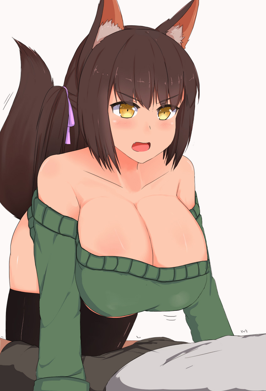 all_fours big_breasts blush breasts cleavage clothed clothing duo female huge_breasts inner_ear_fluff open_mouth raised_tail simple_background tail tuft white_background yellow_eyes nao_(artist) animal_humanoid humanoid digital_media_(artwork) hi_res shaded