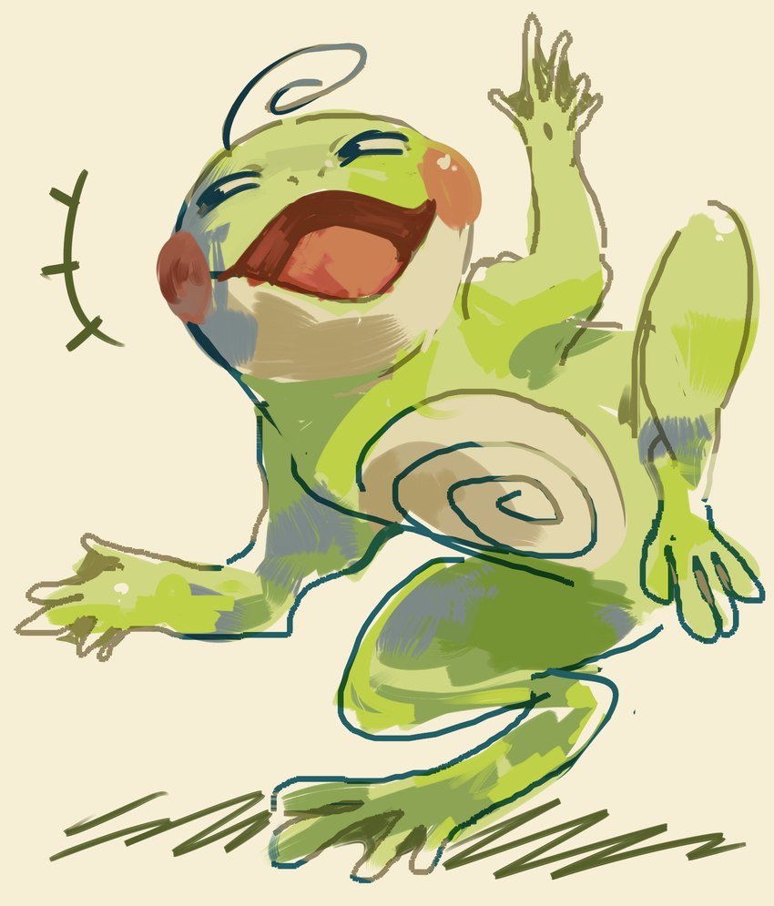 ambiguous_gender black_eyes cheek_spots green_body open_mouth open_smile pose simple_background smile solo tongue white_sclera flavia-elric nintendo pokemon amphibian frog generation_2_pokemon pokemon_(species) politoed 2020 digital_media_(artwork) hi_res