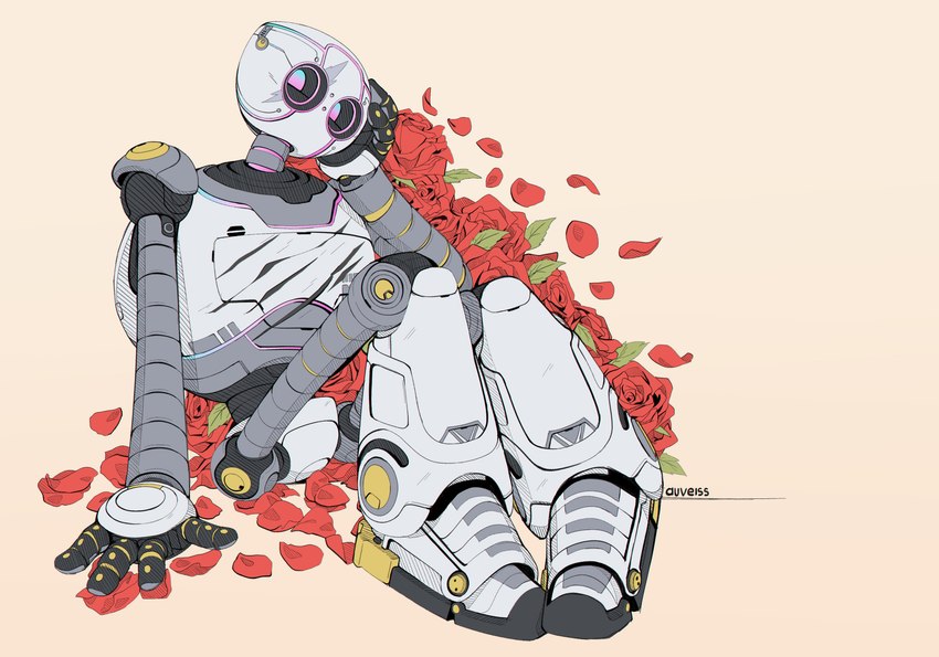 female flower leaf looking_at_viewer machine petals plant pose rose_(flower) scar simple_background solo auveiss dreamworks the_wild_robot roz_(the_wild_robot) humanoid robot robot_humanoid absurd_res digital_drawing_(artwork) digital_media_(artwork) hi_res signature