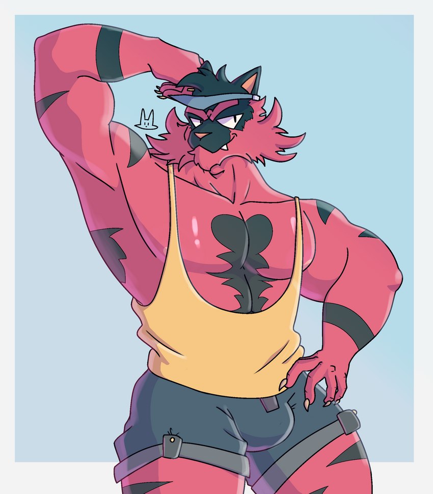 anthro bottomwear bulge claws clothing fangs flexing flexing_bicep hat headgear headwear male muscular red_body shirt shorts smile solo standing tank_top teeth thick_thighs topwear visor_cap ratwork nintendo pokemon generation_7_pokemon incineroar pokemon_(species) hi_res portrait three-quarter_portrait