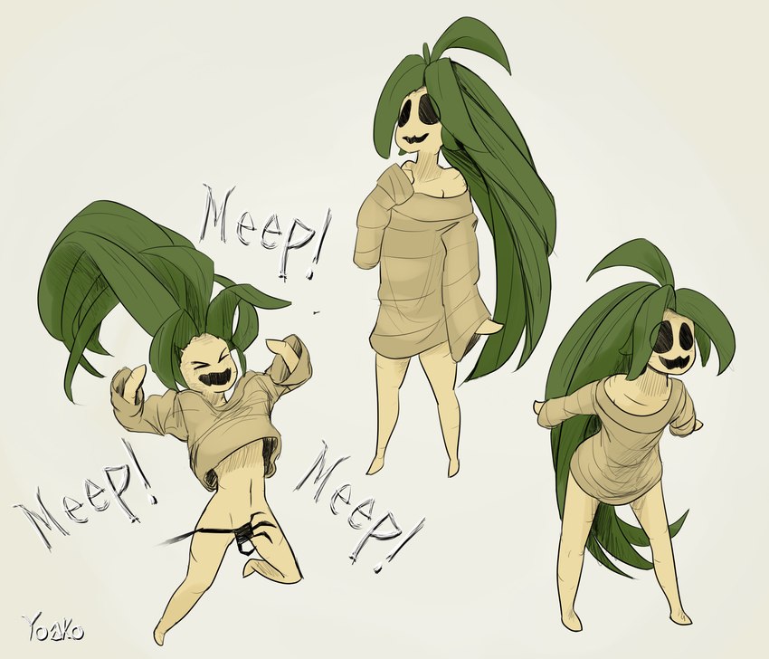 anthro anthrofied barefoot black_sclera bottomless clothed clothing convenient_censorship excited exclamation_point exposed eyes_closed featureless_feet featureless_hands feet female green_hair hair hand_on_own_chest happy jumping leaf leaf_hair leaning leaning_forward long_hair looking_away mandragora_(plant) navel no_pupils onomatopoeia open_mouth oversized_clothing oversized_sweater oversized_topwear plant plant_hair pseudo_hair sharp_teeth simple_background smile solo sound_effects standing sweater sweater_only tan_body tan_skin teeth text topwear topwear_only translucent translucent_hair white_background yoako don't_starve european_mythology klei_entertainment mythology elemental_creature elemental_humanoid flora_fauna humanoid mythological_creature mythological_mandrake plant_humanoid shadow_creature shadow_hand 2018 colored english_text hi_res signature