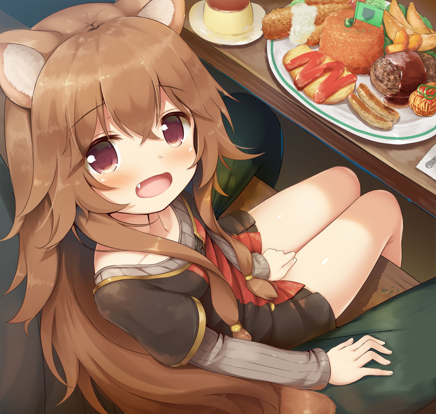 between_legs blush brown_hair duo female female_focus flan food hair meat sausage sitting solo_focus young pushuke the_rising_of_the_shield_hero raphtalia animal_humanoid canid canid_humanoid canine canine_humanoid humanoid mammal mammal_humanoid tanuki_humanoid 2020 hi_res