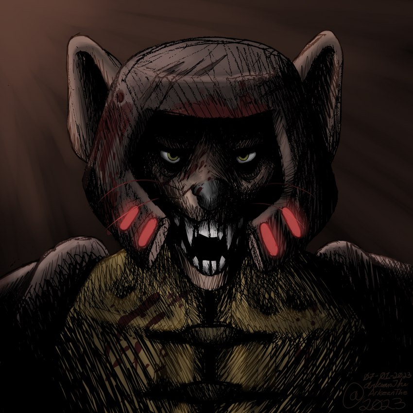 anthro armor blood blood_on_face bodily_fluids fangs fangs_bared glowing_light male open_mouth red_light solo teeth whiskers yellow_eyes arkeanthe id_software microsoft quake billy_(billydamarten) american_pine_marten gulonine mammal marten mustelid musteline 1:1 2023 headshot_portrait hi_res portrait signature