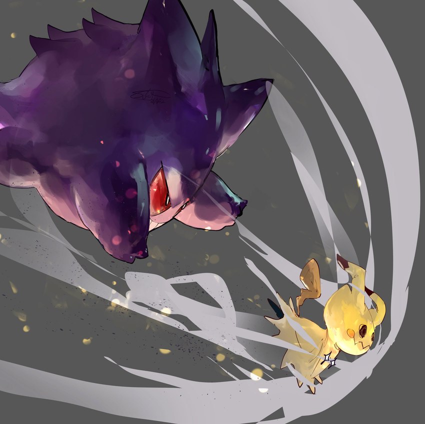 ambiguous_gender biped chasing duo grey_background purple_body red_eyes simple_background yellow_body sukep nintendo pokemon generation_1_pokemon generation_7_pokemon gengar mimikyu pokemon_(species) colored digital_media_(artwork) digital_painting_(artwork) hi_res shaded