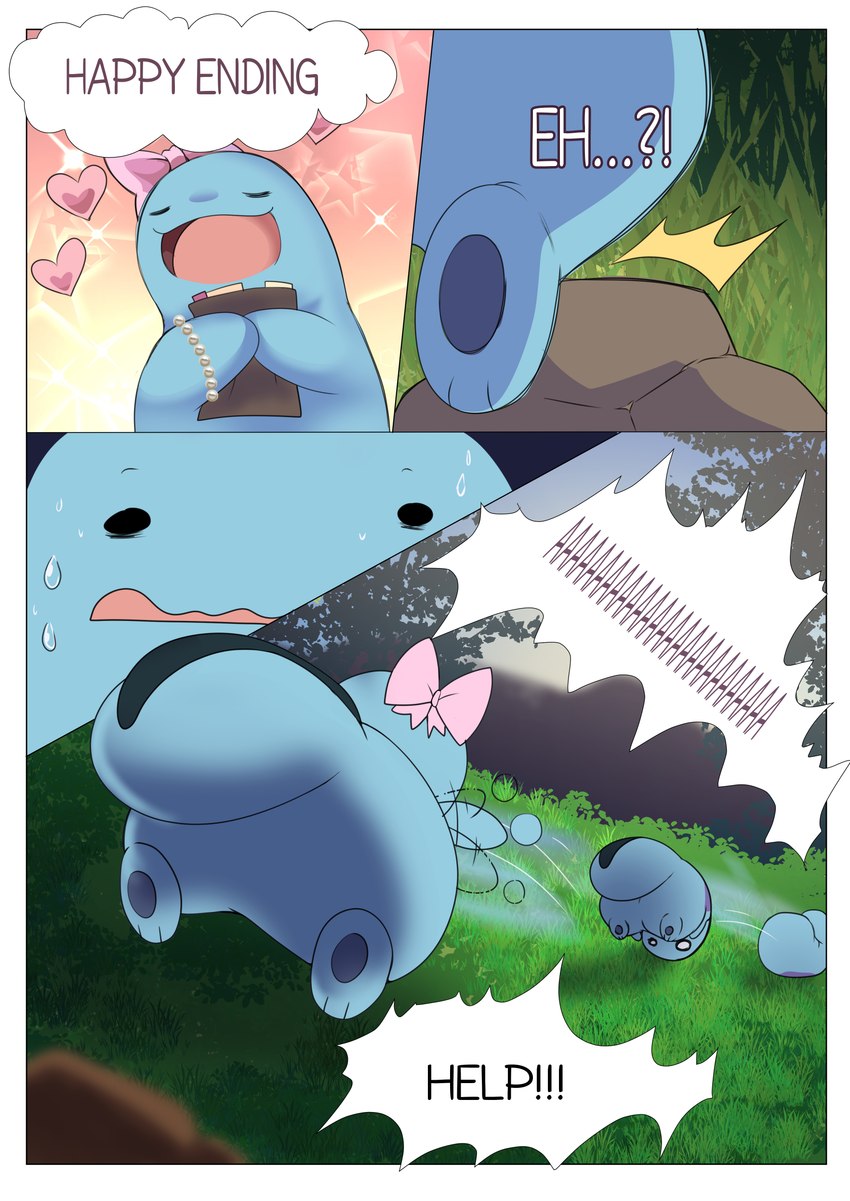 bodily_fluids bow_ribbon butt curled_up dialogue feet female feral grass heart_symbol paws plant rock rolling screaming soles solo speech_bubble sweat sweatdrop thick_thighs wide_hips loreking nintendo pokemon jade_(loreking) amphibian generation_2_pokemon pokemon_(species) quagsire absurd_res hi_res