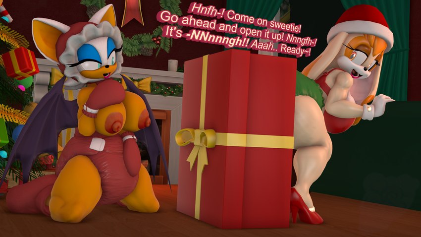 anthro big_breasts bonnet booties box breasts clean_diaper clothed clothing container diaper duo female gift_box handwear headgear headwear mittens wearing_diaper wings bootypatootie sega sonic_the_hedgehog_(series) rouge_the_bat vanilla_the_rabbit bat lagomorph leporid mammal rabbit absurd_res hi_res