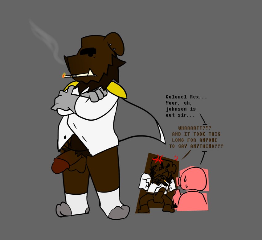 anthro clothing dialogue footwear genitals half_naked male penis smoking socks solo text redshe3p earthbound_(series) nintendo colonel_rex fan_character pigmask mammal suid suine sus_(pig) wild_boar english_text sketch