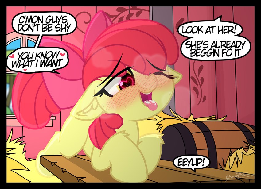 barn dialogue female feral group heart_eyes heart_symbol inside male male/female open_mouth young young_female sherathoz friendship_is_magic hasbro my_little_pony apple_bloom_(mlp) big_macintosh_(mlp) hi_res