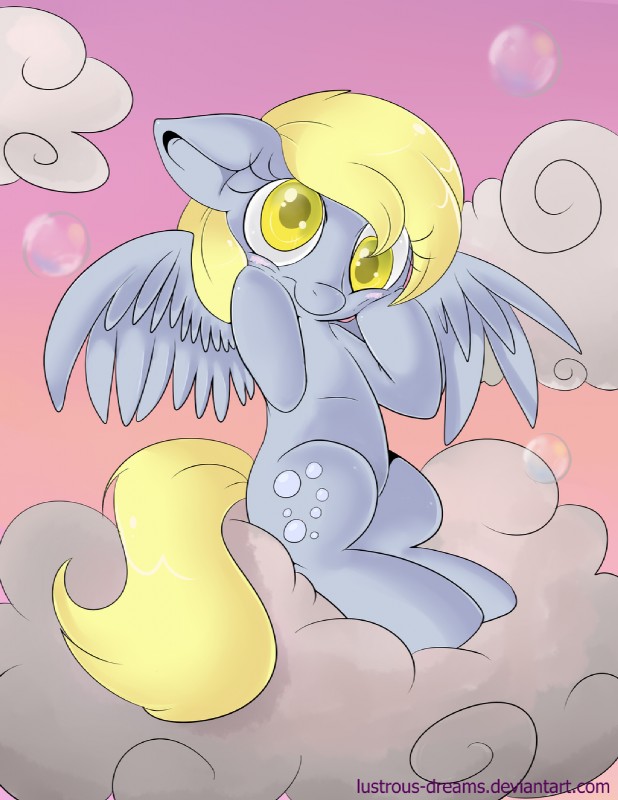 blonde_hair blush bubble cloud cutie_mark feathered_wings feathers female feral grey_body grey_feathers hair outside sky skyscape smile solo tail wings yellow_eyes lustrous-dreams friendship_is_magic hasbro my_little_pony mythology derpy_hooves_(mlp) equid equine mammal mythological_creature mythological_equine pegasus hi_res