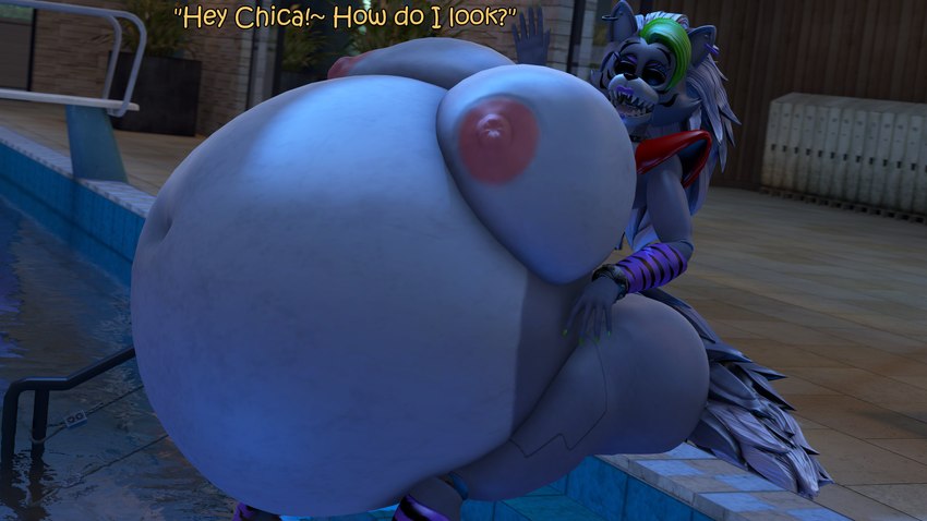 anthro areola arm_warmers armwear belly big_belly big_breasts breasts clothing colored_nails ear_piercing ear_ring eyebrows eyelashes eyes_closed eyeshadow female fingernails green_fingernails green_hair green_nails grey_hair hair huge_belly huge_breasts hyper hyper_belly hyper_breasts legwear machine makeup nails navel nipples open_mouth pattern_clothing pattern_legwear piercing pink_areola pink_nipples purple_arm_warmers purple_armwear purple_clothing purple_eyeshadow purple_legwear ring_piercing sitting solo striped_clothing striped_legwear stripes swimming_pool tail text tilde_after_text coriponer five_nights_at_freddy's five_nights_at_freddy's:_security_breach scottgames steel_wool_studios roxanne_wolf animatronic canid canine canis mammal robot robot_anthro wolf 16:9 2025 3d_(artwork) 4k absurd_res digital_media_(artwork) english_text hi_res source_filmmaker_(artwork) widescreen