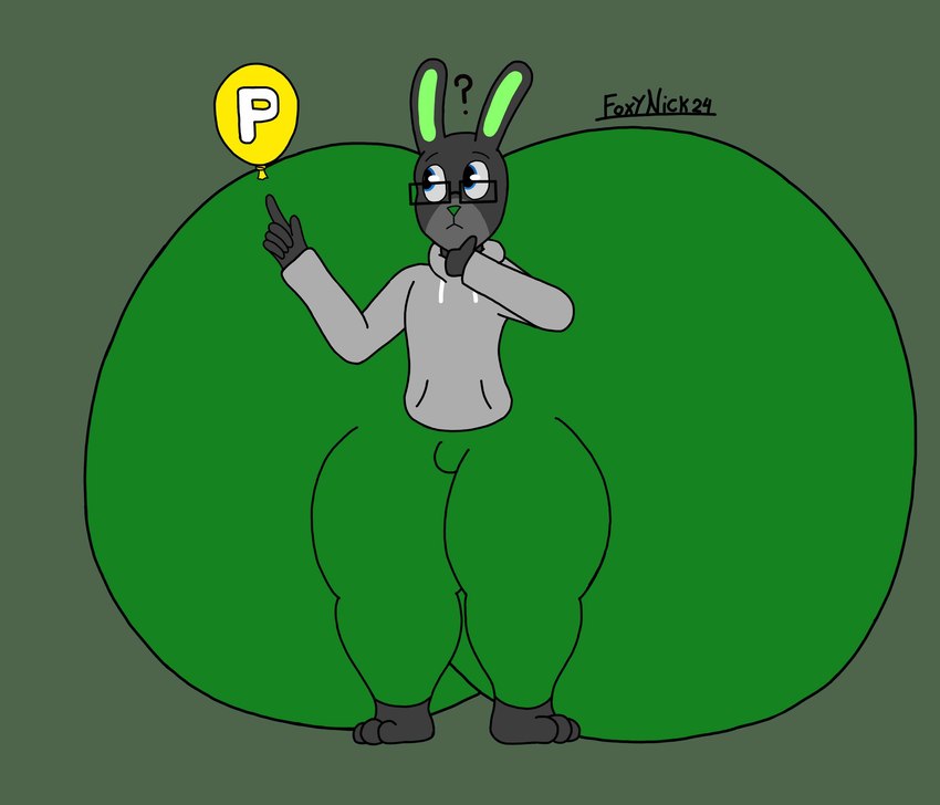 anthro big_butt black_eyebrows black_eyewear black_glasses blue_eyes bottomwear bulge butt clothing eyebrows eyewear front_view glasses green_background green_bottomwear green_clothing green_inner_ear green_leggings green_legwear green_nose green_pants grey_body grey_clothing grey_ears grey_hoodie grey_topwear hoodie huge_butt hyper hyper_butt leggings legwear male pants power_balloon question_mark simple_background solo thick_thighs tight_clothing topwear white_sclera foxynick24 mario_bros nintendo reathe_(character) lagomorph leporid mammal rabbit 2024 absurd_res artist_name colored digital_media_(artwork) flat_colors hi_res