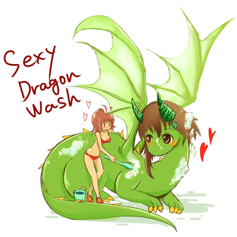 bathing blush breasts brown_hair bucket claws clothed clothing container duo female feral green_body green_horn green_tail green_wings hair horn larger_feral scrub_brush simple_background size_difference smaller_female smaller_human suds tail text white_background wings yellow_claws seirei mythology dragon human mammal mythological_creature mythological_scalie scalie 1:1 2015 english_text hi_res