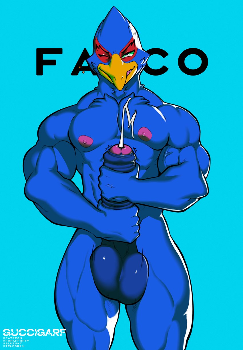 anthro balls beak big_balls big_penis blue_balls blue_body blue_penis bodily_fluids cum cumshot darkened_balls darkened_genitalia darkened_penis ejaculation erection foreskin genital_fluids genitals glans humanoid_genitalia humanoid_penis male masturbation muscular muscular_anthro muscular_male nipples nude nude_anthro nude_male penile penile_masturbation penis pink_glans pink_nipples simple_background solo tongue two-handed_masturbation yellow_beak guccigarf nintendo star_fox falco_lombardi avian bird hi_res