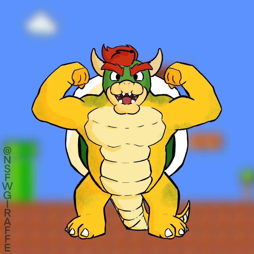 blurred_background eyebrows fists_clenched flexing flexing_bicep flexing_muscles male shell solo tail nsfwgiraffe bowser_day mario_bros nintendo bowser reptile scalie turtle 1:1 hi_res