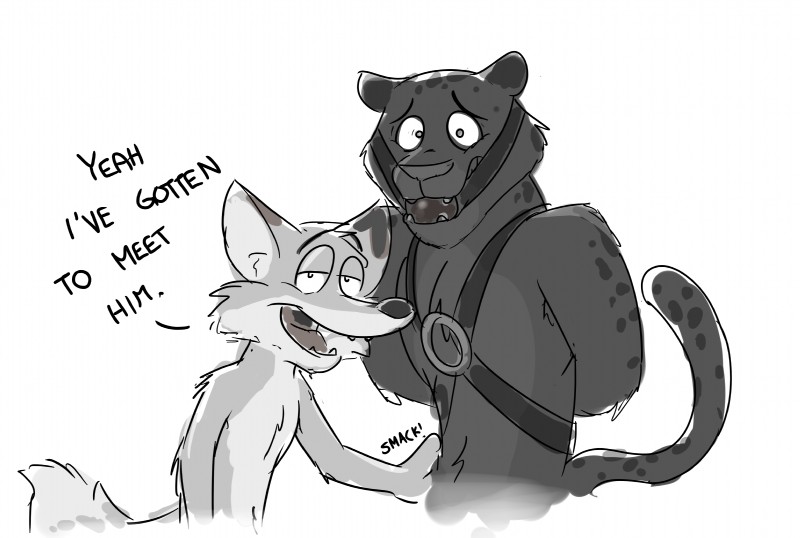 anthro ball_gag bdsm bondage bound dialogue duo gag gagged hands_behind_back harness male melanistic open_mouth simple_background size_difference small_dom_big_sub spots text white_background paintfox disney zootopia paintfox_(character) renato_manchas canid canine felid fox jaguar mammal pantherine absurd_res english_text hi_res