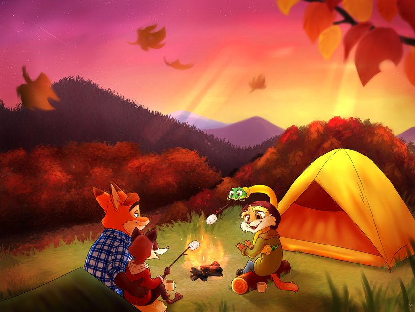 anthro autumn beverage campfire camping candy chocolate clothed clothing container cup dessert detailed_background duo flannel food forest group hoodie hot_chocolate leaf male male/male marshmallow outside plaid plant public size_difference smile sunset sweater tent topwear tree disney spycies zootopia gideon_grey jim_(spycies) malik_(spycies) travis_(zootopia) black-footed_ferret canid canine fox mammal mustelid musteline red_fox reptile scalie snake true_fox true_musteline weasel 4:3 hi_res