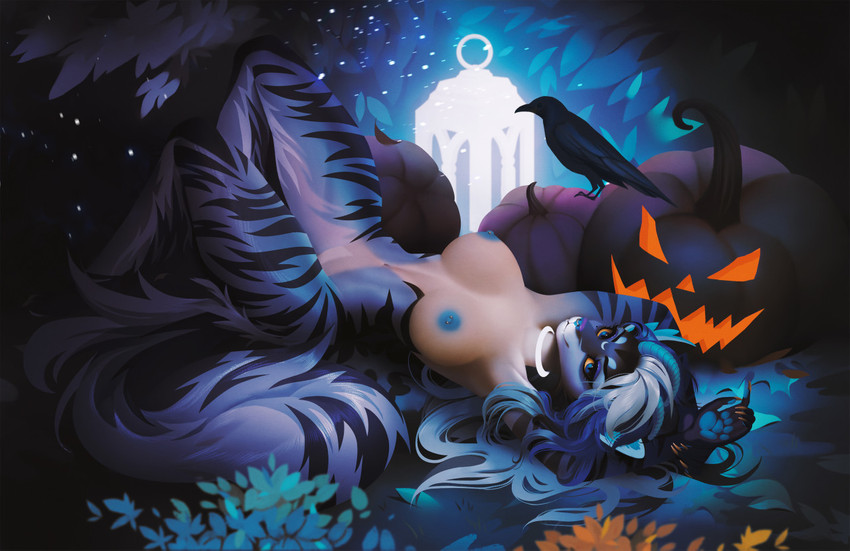 amazing_background anthro areola blue_areola blue_nipples breasts detailed_background female food fruit holidays horn lamp lantern leaf lying nipples on_back plant pumpkin raised_knee solo stripes tree frieder1 halloween ressia_(renikki) mammal detailed