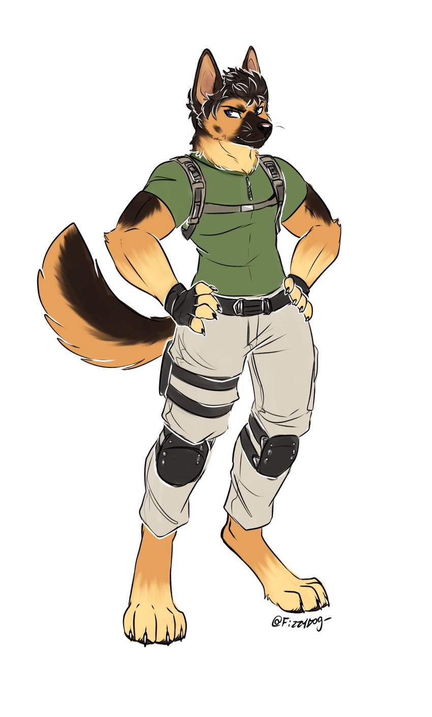 alternate_species anthro fur furrification hands_on_hips male simple_background solo tan_body tan_fur white_background fizzy-dog capcom resident_evil chris_redfield canid canine canis domestic_dog mammal 2023 absurd_res hi_res