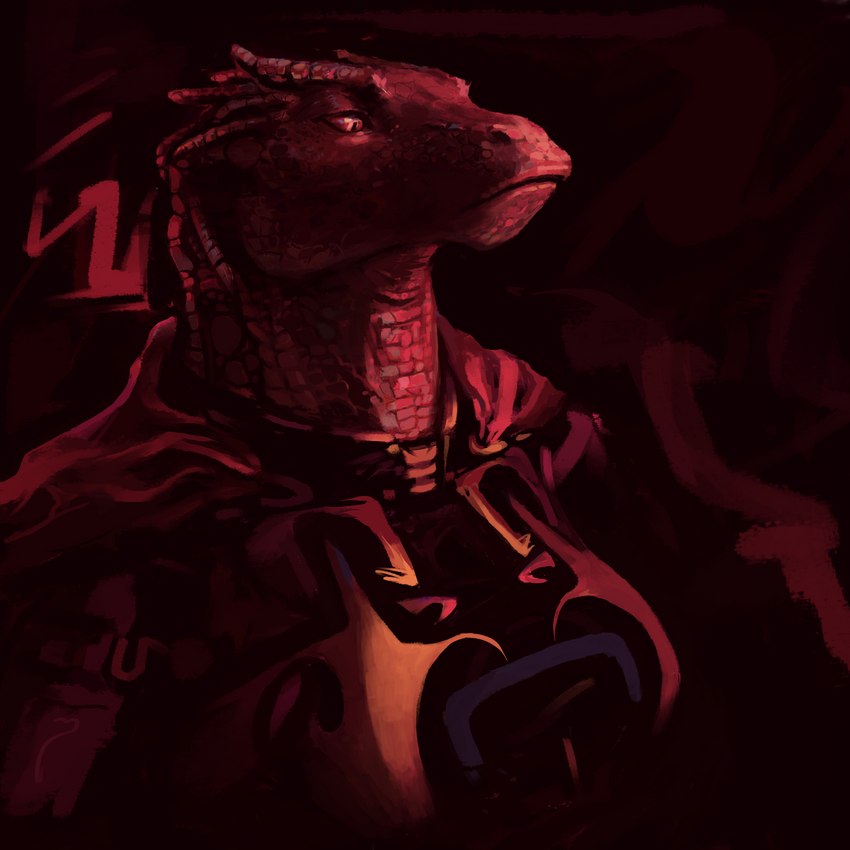 abstract_background anthro armor cape clothed clothing female looking_down red_background red_body red_eyes red_scales scales simple_background solo 4chan_anon anonymous_artist assignment_risk_(series) alien daxy reptile scalie 1:1 bust_portrait hi_res portrait restricted_palette source_request