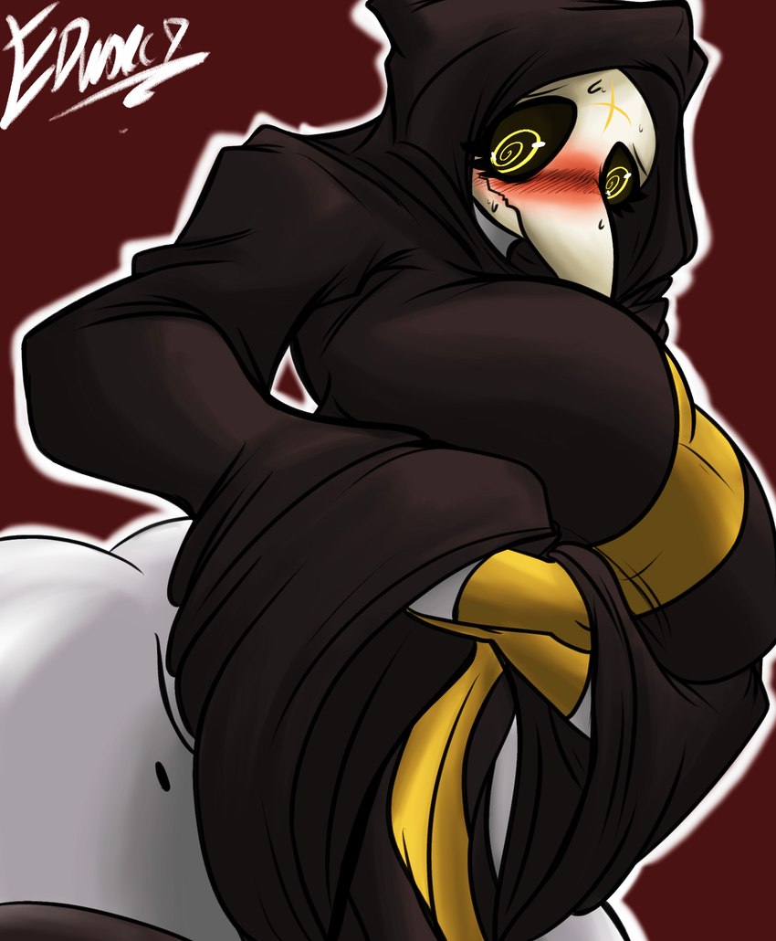 animal_mask beak_mask big_breasts biped blush breasts clothed clothing dutch_angle female grey_body grey_skin hood looking_at_viewer low-angle_view mask plague_doctor red_background robe simple_background solo spiral_pupils topwear wearing_mask wide_hips yellow_eyes edworld margaret_(vetisx) humanoid 2023 colored digital_drawing_(artwork) digital_media_(artwork) hi_res portrait shaded signature three-quarter_portrait