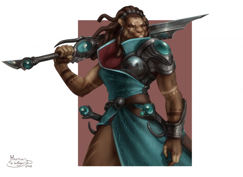 anthro armor brown_body brown_fur brown_hair brown_scabbard clothed clothing female fur hair humanoid_hands jewelry long_hair looking_at_viewer markings melee_weapon multicolored_body multicolored_fur muscular muscular_anthro muscular_female orange_eyes scabbard simple_background solo sword tribal tribal_markings weapon thescarletartist nyobi felid lion mammal pantherine hi_res