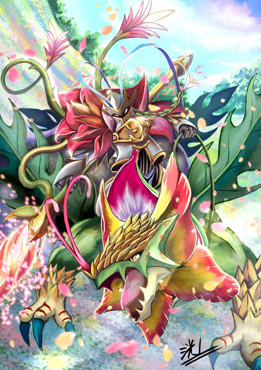 armor claws detailed_background duo flower flower_field flying glowing glowing_eyes green_body green_scales lance melee_weapon petals plant polearm reins riding riding_on_back scales weapon 9b3xmkddvuq9qco bandai_namco digimon mythology bloomlordmon digimon_(species) dragon elemental_creature flora_fauna humanoid monster mythological_creature mythological_scalie scalie toropiamon absurd_res hi_res