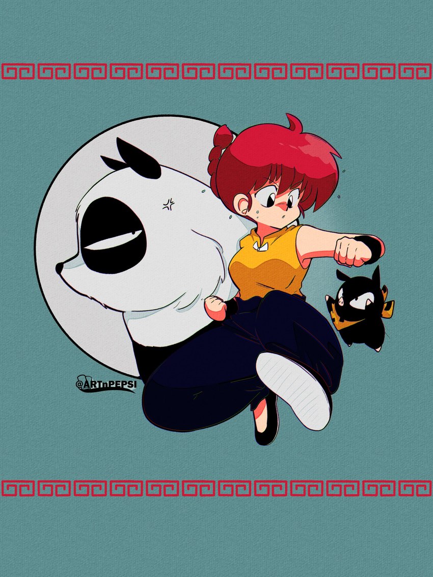 breasts female group hair kick male red_hair retro trio artnpepsi ranma_1/2 genma_saotome p-chan ranma_saotome bear domestic_pig giant_panda human mammal suid suina sus_(pig) 3:4 hi_res