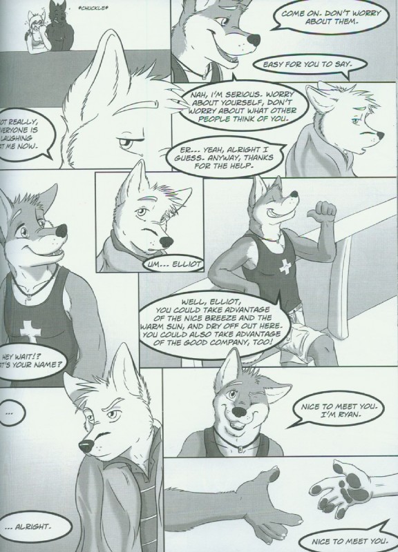 anthro boat dialogue duo_focus group male text vehicle watercraft fluke motion_of_the_ocean elliot_(fluke) ryan_(fluke) canid canine mammal comic english_text greyscale hi_res monochrome