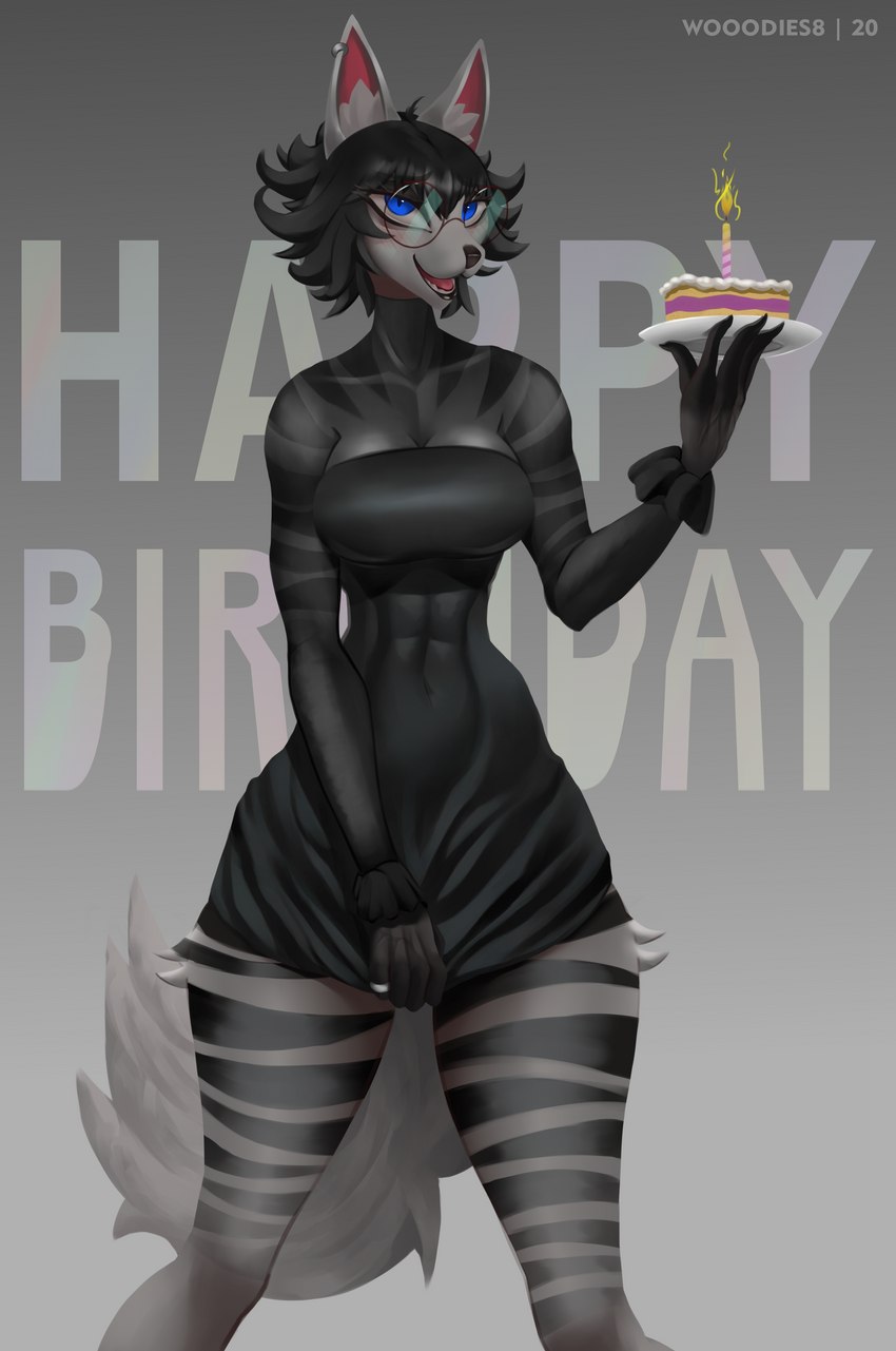 abs alternative_fashion anthro birthday_cake black_clothing black_dress black_hair blue_eyes breasts cake cleavage clothed clothing dessert dress ear_piercing ear_ring eyewear female food fur glasses goth grey_background grey_body grey_fur hair looking_at_viewer medium_breasts open_mouth piercing plate ring_piercing round_glasses simple_background slim small_waist solo standing striped_body striped_fur stripes wearing_glasses wooodies8 millie_(woodies8) domestic_cat felid feline felis mammal absurd_res hi_res