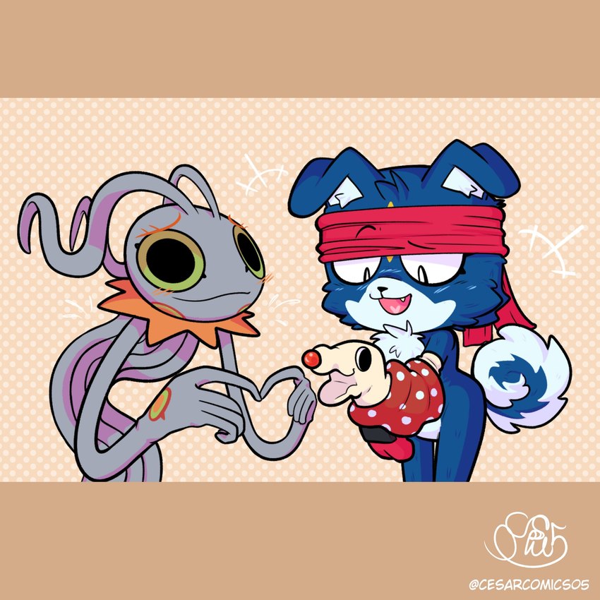 accessory anthro blue_body blue_fur blush curled_tail duo fur hand_puppet headband male purple_body smile tail tentacles cesarcomics05 bandai_namco digimon digimon_(species) gaomon keramon 1:1 hi_res