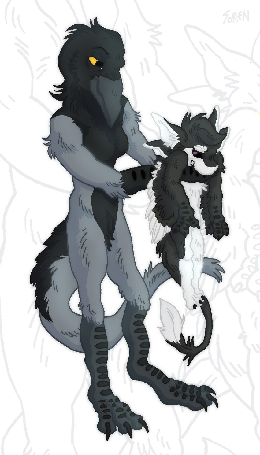 4_ears ambiguous_gender anthro athletic athletic_anthro avian_feet beak biped black_body black_feathers black_fur black_sclera breasts chibi claws digitigrade duo feathered_wings feathers featureless_crotch feet female female/ambiguous finger_claws fur grey_beak grey_body grey_feathers grey_fur hair holding_another long_tail looking_at_another looking_back looking_back_at_another multi_ear nipples nude open_mouth purple_eyes scuted_arms scuted_legs scutes simple_background size_difference slim standing suspension tail tail_feathers tail_tuft teeth_showing text toe_claws toes tuft tufted_fur white_body white_feathers white_fur winged_arms wings yellow_eyes fenya208 fyr_(fenrir784) soga avali avian bird corvid corvus_(genus) crow hybrid oscine passerine 2024 absurd_res digital_media_(artwork) english_text hi_res shaded signature