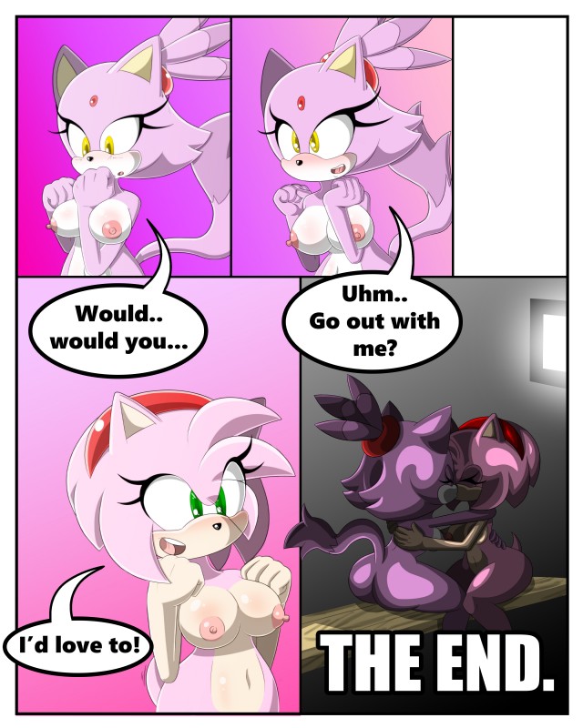 anthro big_eyes blush breasts dialogue duo erect_nipples female female/female fur green_eyes hair kissing navel nipples nude pink_body pink_fur pink_hair purple_body purple_fur text toony yellow_eyes sandunky sega sonic_the_hedgehog_(series) amy_rose blaze_the_cat domestic_cat eulipotyphlan felid feline felis hedgehog mammal 4:5 absurd_res comic english_text hi_res