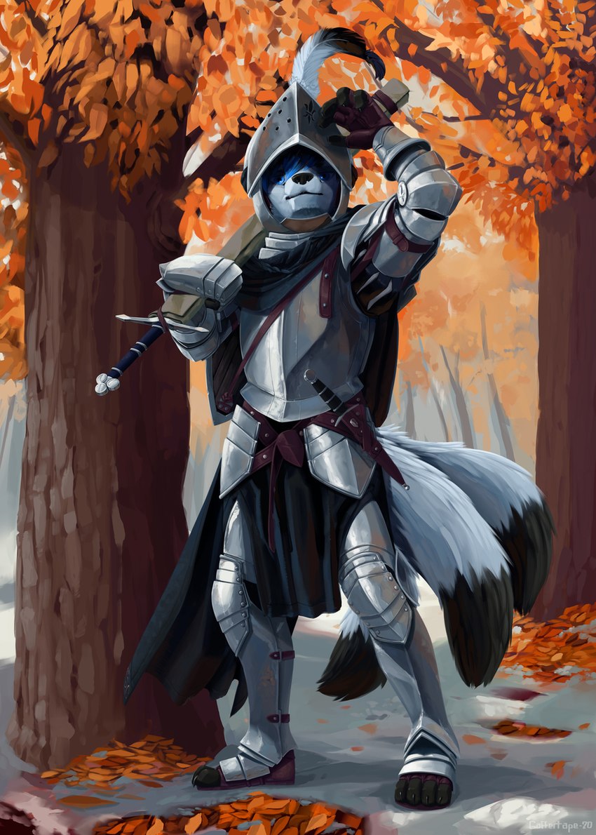 4_toes 5_fingers anthro armor autumn biped black_body black_claws black_fur black_nose black_tail blue_eyes blue_hair breastplate claws clothed clothing dagger day detailed_background dipstick_tail feet finger_claws fingers forest fully_clothed fur gauntlets gloves greaves grey_body grey_fur grey_tail hair handwear headgear heater_shield helmet holding_melee_weapon holding_object holding_sword holding_weapon leaf looking_at_viewer loose_feather male markings medieval_shield melee_weapon multi_tail multicolored_body multicolored_fur multicolored_tail outside plant plantigrade raised_arm scabbard sheathed_sword shield snow solo standing sword tail tail_markings toe_claws toes tree two_tone_body two_tone_fur two_tone_tail weapon cron12 canid canine fox mammal 2020 hi_res