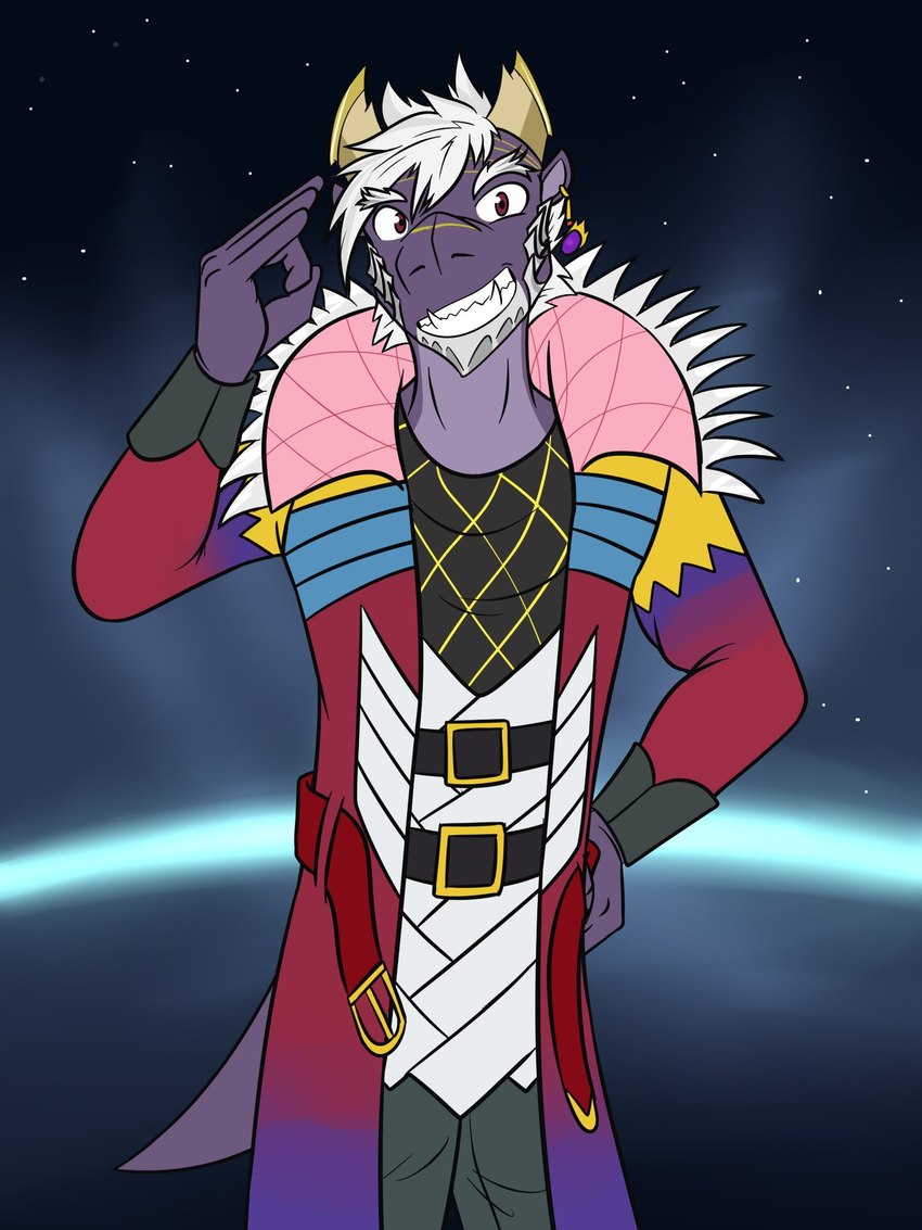 anthro clothed clothing cosmic_background fully_clothed gesture grin male salute smile solo space space_background tail fuze mythology uchu_sentai_kyuranger shou_ronpo dragon mythological_creature mythological_scalie scalie 3:4 hi_res