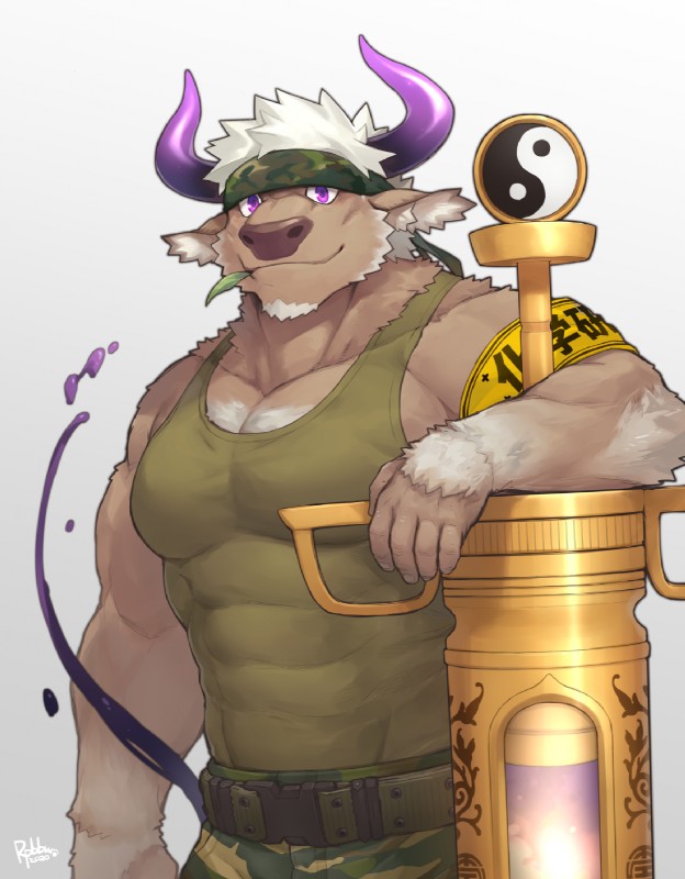 5_fingers abs anthro arm_hair belt biceps body_hair brown_body brown_fur chest_hair clothing fingers fur hair horn humanoid_hands male muscular muscular_male pecs shirt solo tank_top topwear white_hair yin_yang rpbbw lifewonders tokyo_afterschool_summoners shennong_(tas) bovid bovine cattle mammal 2020 hi_res