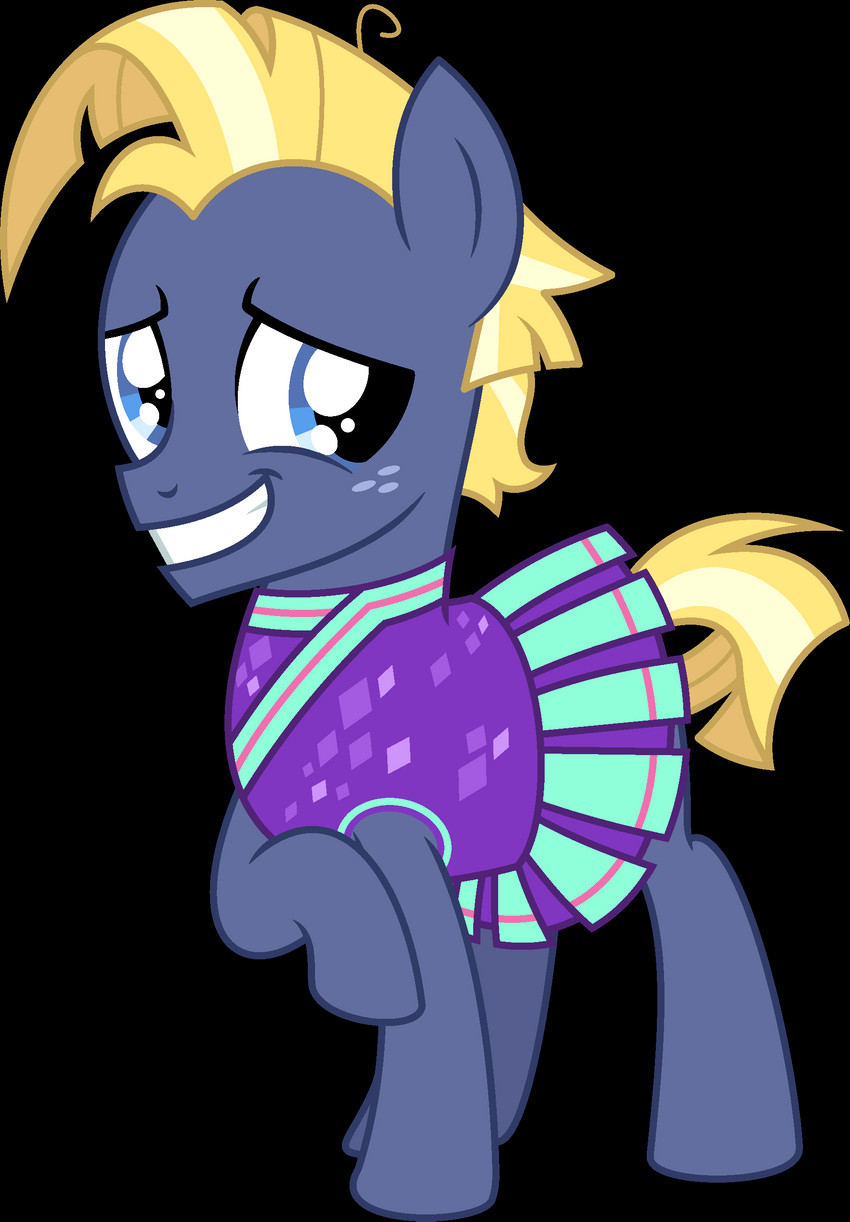 blonde_hair blue_eyes cheerleader cheerleader_outfit clothed clothing crossdressing feral freckles hair male smile solo peternators friendship_is_magic hasbro my_little_pony star_tracker_(mlp) equid equine horse mammal pony absurd_res alpha_channel hi_res