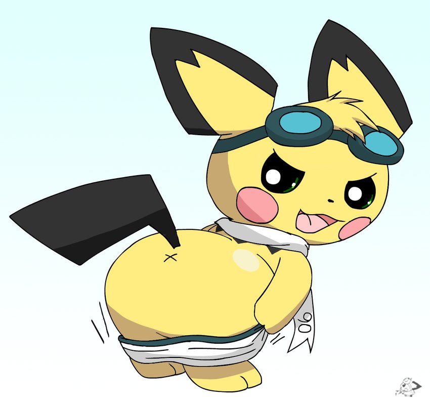 anus anus_only bent_over big_butt butt butt_focus clothing eyewear eyewear_on_head feral fur goggles goggles_on_head gradient_background logo looking_at_viewer looking_back looking_back_at_viewer male mooning scarf simple_background solo underwear white_scarf x_anus yellow_body yellow_fur pichu90 nintendo pokemon sparks_pichu generation_2_pokemon pichu pokemon_(species) 2020 artist_logo hi_res