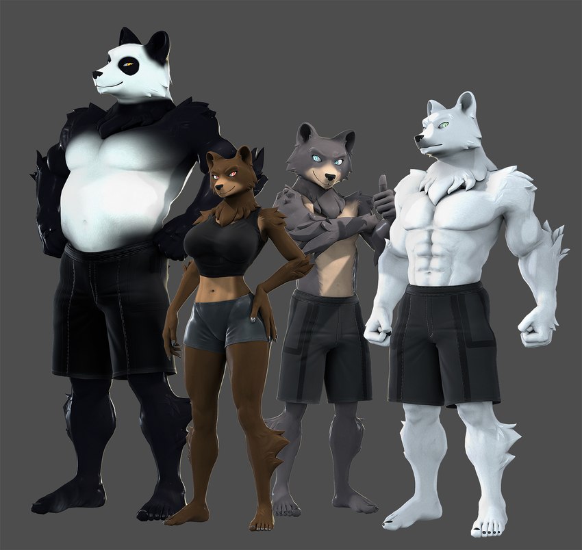 5_fingers 5_toes abs anthro athletic athletic_anthro athletic_female athletic_male barefoot black_body black_fur black_nose bottomwear breasts brown_body brown_fur clothed clothed_anthro clothed_female clothed_male clothing feet female fingers fur grey_body grey_fur group humanoid_feet humanoid_hands male multicolored_body multicolored_fur musclegut muscular muscular_anthro muscular_male navel plantigrade shorts standing tan_body tan_fur toes two_tone_body two_tone_fur white_body white_fur petruz petruz_(copyright) bear_(petruz) bear brown_bear giant_panda mammal polar_bear ursine 2024 3d_(artwork) blender_(artwork) digital_media_(artwork) hi_res