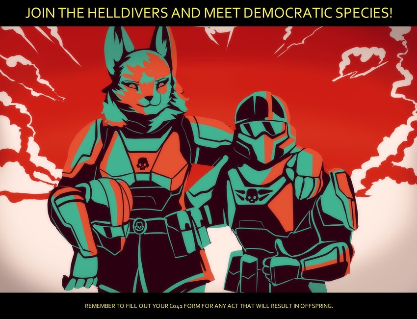 arm_around_neck armor clothing duo female gesture hand_gesture male male/female military propaganda science_fiction text thumbs_up uniform nocturnal_noise_(artist) helldivers helldiver canid canine canis mammal wolf colored_sketch english_text hi_res meme sketch