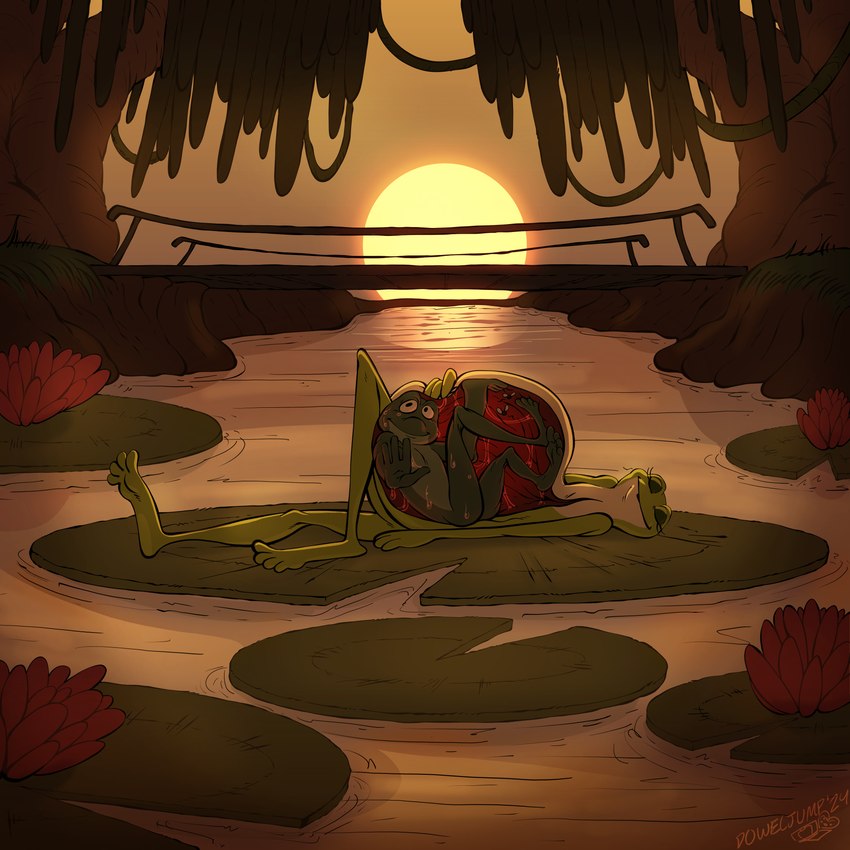 anthro anthro_on_anthro anthro_pred anthro_prey barefoot feet female female_pred internal lake male male/female male_prey sleeping sleeping_pred sunset swamp vore doweljump disney disney_princess the_princess_and_the_frog princess_tiana amphibian frog frog_girl 1:1 absurd_res hi_res