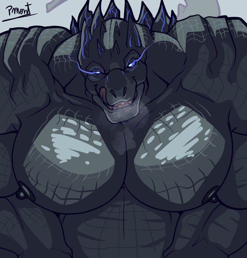 anthro barazoku belly big_muscles big_pecs blue_eyes breath fangs grey_body huge_muscles huge_pecs looking_at_viewer male musclegut muscular muscular_anthro muscular_male nipples panting pecs scales smile smiling_at_viewer solo spikes tail teeth tongue tongue_out pinumontbalou godzilla_(series) toho godzilla kaiju scalie absurd_res hi_res