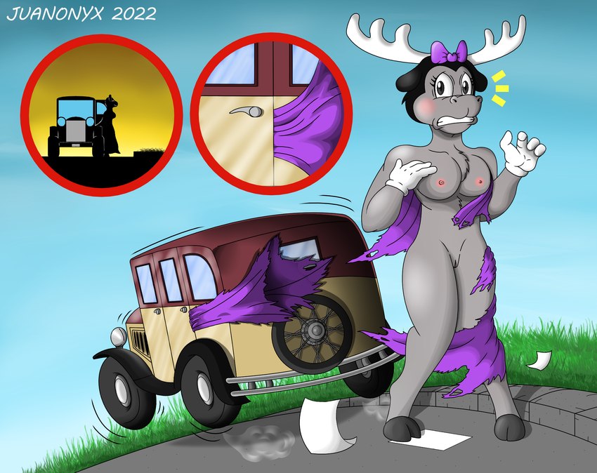 accident accidental_exposure anthro car classic_car clothing embarrassed female nude shy solo toony vehicle wardrobe_malfunction juanonyx deer mammal moose new_world_deer hi_res